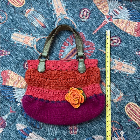 Vintage Lucky Brand crochet felted Red Purple boho sweater Bag w leather straps - Picture 3 of 8